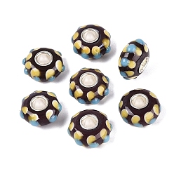 Coconut Brown Handmade Lampwork & Brass Core European Beads, Enamel Large Hole Beads, Bumpy Dotted Rondelle, Silver, Coconut Brown, 15~17x7.5~8.5mm, Hole: 4~4.5mm