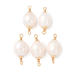 Белый Натуральные жемчужные соединители в виде рисовых зерен, с двойной петлей из медной проволоки, золотые, долговечный, белые, 22.5~23x10~11 мм, отверстие : 1.4 мм