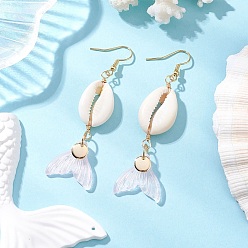 Розовый Серьги-подвески из натурального стекла с ракушками каури, с 304 нержавеющей стали серьги крючки, рыбий хвост, золотые, туманная роза, 68~73x20 мм