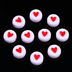 Red Opaque Acrylic Beads, with Enamel, Flat Round with Heart, Red, 7x3.5mm, Hole: 1.2mm, about 3600~3700pcs/500g