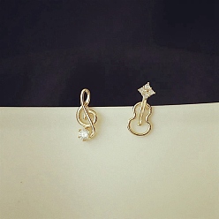 Golden Brass with Cubic Zirconia Stud Earrings, Musical Note & Guitar Asymmetrical Earrings, Golden, 10.1x9.6mm