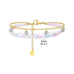 Золотой Тросовая цепочка из нержавеющей стали с ионным покрытием (IP) и многонитевые браслеты из пластика с имитацией жемчуга, с фианитами для женщин, золотые, 6-1/4 дюйм (16 см)