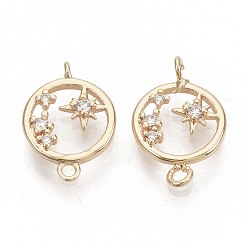Прозрачный Соединители из латуни с микропаве и кубическим цирконием, без никеля , плоские круглые со звездой, реальный 18 k позолоченный, прозрачные, 14x9.5x2 мм, отверстие : 1 мм