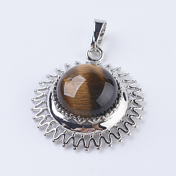 Tiger Eye Natural Tiger Eye Pendants, with Brass Findings, Sun, Platinum, 31.3x27.5x10mm, Hole: 5x7mm