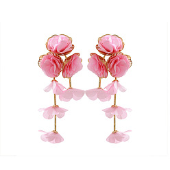 Ярко-Розовый Серьги-гвоздики с кисточками из цветочного сплава, золотые, ярко-розовый, 110x51 мм