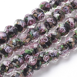 Черный Ручной золотой песок бусины бисер нитей, со цветком внутри , граненые, шайба, чёрные, 8x6 мм, отверстие : 1 мм, около 70 шт / нитка, 17.3 дюйм