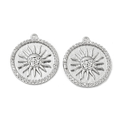 Real Platinum Plated Brass Micro Pave Cubic Zirconia Pendants, Cadmium Free & Nickel Free & Lead Free, Flat Round with Sun, Real Platinum Plated, 19x17x2mm, Hole: 1mm