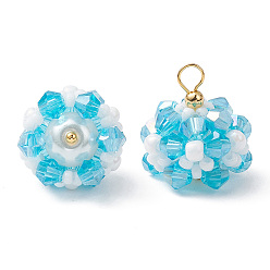Светло-Голубой Стеклянные подвески, цветок, со стеклянными бусинами и латунной петлей, граненые, Небесно-голубой, 17.5x16 мм, отверстие : 2.3 мм
