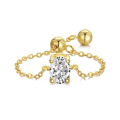 Прозрачный 925 кольца-цепочки из стерлингового серебра, кольцо с камнем, с фианитами овальный для женщин, регулируемое скользящее кольцо, реальный 18 k позолоченный, прозрачные, 1.2 мм, размер США 7 (17.3 мм)