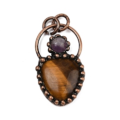 Тигровый глаз Подвески из натурального тигрового глаза и натурального аметиста, слезинки, с латунной, Красная медь, 40.5~42x23~23.5x6~6.5 мм, отверстие : 6 мм