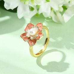 Золотой Регулируемые кольца для пальцев из латуни с эмалью, цветок, с пластиковыми бусинами из искусственного жемчуга, золотые, размер США 7 1/4 (17.5 мм)