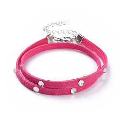 Violet Daim faux bracelets d'enveloppe de cordon, doubles boucles, avec strass acrylique, 304 pinces à homard en acier inoxydable et accessoires en fer, violette, 14-5/8 pouce (37 cm)