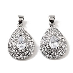 Платинированный Подвески из латуни и прозрачного циркония, слезинки, Реальная платина, 23x16x5.5 мм, отверстие : 6x4 мм