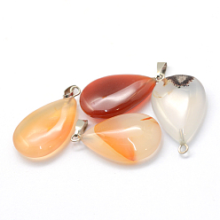 Natural Agate Teardrop Dyed Natural Agate Pendants, with Platinum Tone Brass Findings, 25~29x16~17x5~6mm, Hole: 2x7mm