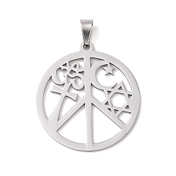 Edelstahl Farbe Anlaufgeschütztes Peace-Zeichen mit Aum/Om-Symbol, für Juden, Davidstern, Kreuz, Mond & Sterne 201 Edelstahlanhänger, Edelstahl Farbe, 44x39.5x1.5 mm, Bohrung: 4x9 mm