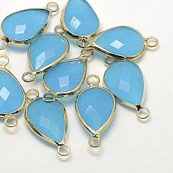 Светло-Голубой Золотистые латунные стеклянные каплевидные соединители, Небесно-голубой, 21x11x5 мм, отверстие : 2 мм