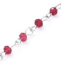 FireBrick Handmade Natural Malaysia Jade Beaded Chains, with Platinum Plated Iron Eye Pin, Unwelded, FireBrick, Beads: 4x3mm, about 39.37 inch(1m)/strand