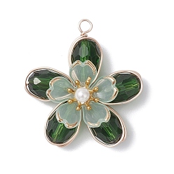 Зеленый Стеклянные подвески, цветок, с медной проволокой и акрилом, граненые, зелёные, 33.5x31x10 мм, отверстие : 2.8 мм