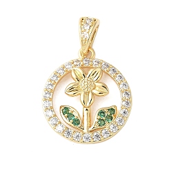 Настоящее золото 18K Латунные микро проложить кубического циркония подвески, без кадмия и без свинца, круглая с цветком, реальный 18 k позолоченный, 18.5x16x3.5 мм, отверстие : 3x6 мм