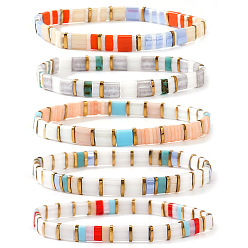 (52) Непрозрачная лаванда 5шт. стеклянные бусины эластичные браслеты для женщин, прямоугольные, разноцветные, 6.30 дюйм (16 см) ~ 6.50 дюйм (16.5 см)
