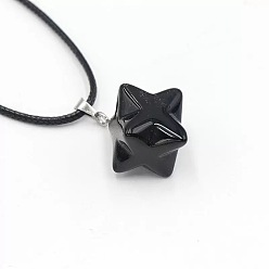 Обсидиан Подвески-гексаграммы из натурального обсидиана в виде звезды, на цепочке с черными шнурками., 15.75 дюйм (40 см)