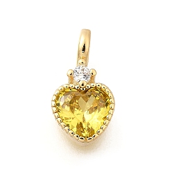 Желтый Латунь прокладывает кубические циркониевые прелести, сердце, желтые, 13x7x4.5 мм, отверстие : 2.5 мм