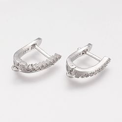 Real Platinum Plated Brass Micro Pave Cubic Zirconia Hoop Earring Findings with Latch Back Closure, Real Platinum Plated, 20x13.5x4mm, Hole: 1.5mm, pin: 1mm
