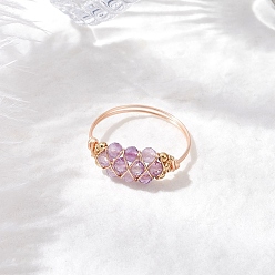 Аметист Бусины из натурального аметиста с цельными круглыми латунными бусинами и кольцами из экологически чистой медной проволоки, 8 мм, размер США 9 (18.9 мм)