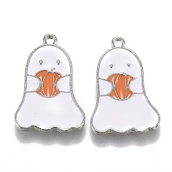 Платина Подвески из сплава с эмалью на тему Хэллоуина, белый призрак с тыквенным фонарем, платина, 22x15x1.5 мм, отверстие : 1.6 мм