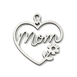 Нержавеющая Сталь Цвет Подвески из нержавеющей стали с полой сердцевиной ко Дню матери, сердечко с подвесками в виде мамы и цветка, цвет нержавеющей стали, 201 мм, отверстие : 23x21x1 мм