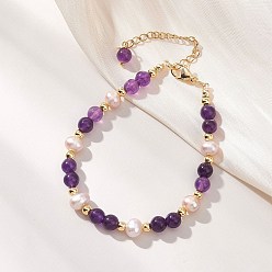 Фиолетовый Регулируемые браслеты из бусин натурального кварца и пресноводного жемчуга, с 304 из нержавеющей стали Lobster Claw застежками, фиолетовые, 7.68 дюйм (19.5 см)