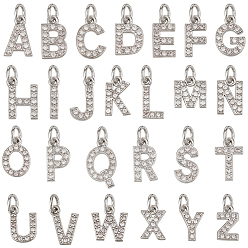 Plaqué Platine Véritable 26 pièces 26 styles breloques en laiton micro-pavé de zircone cubique de qualité AAA, lettre a, sans cadmium et sans nickel et sans plomb, Platine plaqué, 8~9x2~8x1.5mm, Trou: 2mm, 1 pc / style