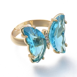 Sky Blue Adjustable Brass Glass Finger Rings, with Clear Cubic Zirconia, Butterfly, Golden, Sky Blue, Size 7, Inner Diameter: 17mm