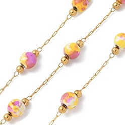 Разноцветный Ионное покрытие (ip) 304 звенья цепи из нержавеющей стали, пайки, с фарфоровыми бусинами и катушкой, реальный 18 k позолоченный, красочный, 2.5x1x0.2 мм, около 32.81 футов (10 м) / рулон