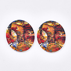 Colorful Printed Wooden Big Pendants, Dyed, Oval, Colorful, 63x50x2.5mm, Hole: 1.2mm