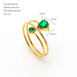 Green 304 Stainless Steel Pave Cubic Zirconia Cuff Open Rings, Heart, Golden, Green, US Size 7 1/4(17.5mm)