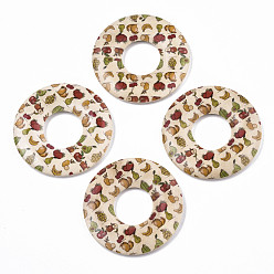 Seashell Color Fruit Seris Printed Wood Pendants, Donut with Fruit Pattern, Seashell Color, 45x5mm, Hole: 1.6mm