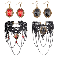 Античная Бронза Серьги-подвески в форме овала из смолы и кружевные колье-чокеры, готические украшения для женщин, античная бронза, 14.37 дюйм (36.5 см), 12.20 дюйм (31 см), 55 мм, штифты : 0.6 мм