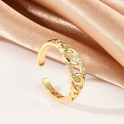 Настоящее золото 18K Открытые манжеты из латуни с микропаве и прозрачным фианитом, Овальные кольца-цепочки для женщин, без кадмия и без свинца, реальный 18 k позолоченный, 6.5 мм, внутренний диаметр: регулируемый