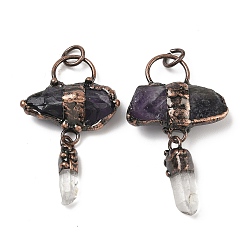 Смешанные камни Большие подвески из натурального аметиста и кварца, подвески-самородки с латунной фурнитурой, Красная медь, 55~62x35~49x8~14 мм, отверстие : 6 мм