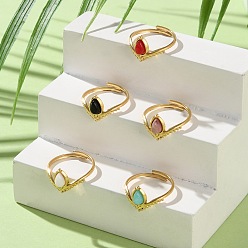 Смешанные камни Кольца-слезинки из натурального родохрозита, черного оникса, белого нефрита, красного агата и амазонита, настоящее 18k позолоченное 304 нержавеющая сталь регулируемые кольца для женщин, слеза: 11x6 мм, размер США 6 1/4 (16.7 мм)