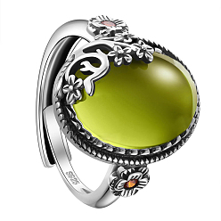 Green 925 Thailand Sterling Silver Rings, with Grade AAA Cubic Zirconia, Half Round with Flower, Green, Size 9, 19mm