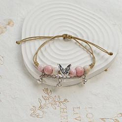 Pink Бабочка керамические бусины плетеные браслеты из бисера, регулируемые плетеные браслеты из вощеного шнура для женщин, розовые, 4~9-7/8 дюйм (10~25 см)