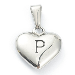 Letter P 304 Stainless Steel Pendants, Heart with Black Letter, Stainless Steel Color, Letter.P, 16x16x4.5mm, Hole: 7x3mm