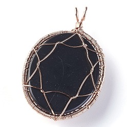 Obsidian Natural Obsidian Big Pendants, with Rose Gold Tone Brass Findings, Oval with Tree of Life, 56~58.5x35~36x12~13.8mm, Hole: 4.2~5.2x4.6~6mm