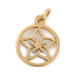 Настоящее золото 18K Ионное покрытие (ip) 304 брелоки из нержавеющей стали, с целью перехода в кольце, лазерная резка, плоская круглая с подвеской в виде цветка, реальный 18 k позолоченный, 14.5x12x1 мм, отверстие : 3 мм