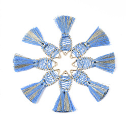 Васильковый Хлопчатобумажная нить кисточка большие подвесные украшения, с металлическим шнуром и фурнитурой из сплава, долговечный, рыба, васильковый, 59~62x20~30x5 мм, отверстие : 2 мм