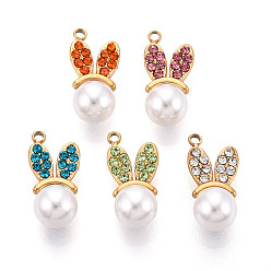 (52) Непрозрачная лаванда Ионное покрытие (ip) 304 брелоки из нержавеющей стали, с жемчугом жемчуга и жемчугом, реальный 14 k позолоченный, кролик, разноцветные, 14.5x7x6 мм, отверстие : 1.2 мм