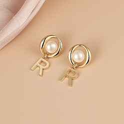 Echt 18 k vergoldet Ohrstecker aus Zuchtperlen, Ohrhänger aus Messing mit dem Anfangsbuchstaben „r“., echt 18 k vergoldet, 25x13 mm