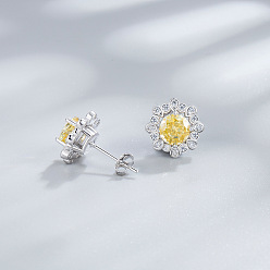 Желтый Цветок 925 серьги-гвоздики из стерлингового серебра с паве из кубического циркония, платина, родий, желтые, 10 мм